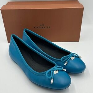 NWB COACH Lara Silk Nappa Ballet Flats Peacock Blue Leather Bow Logo Size 6.5‎
